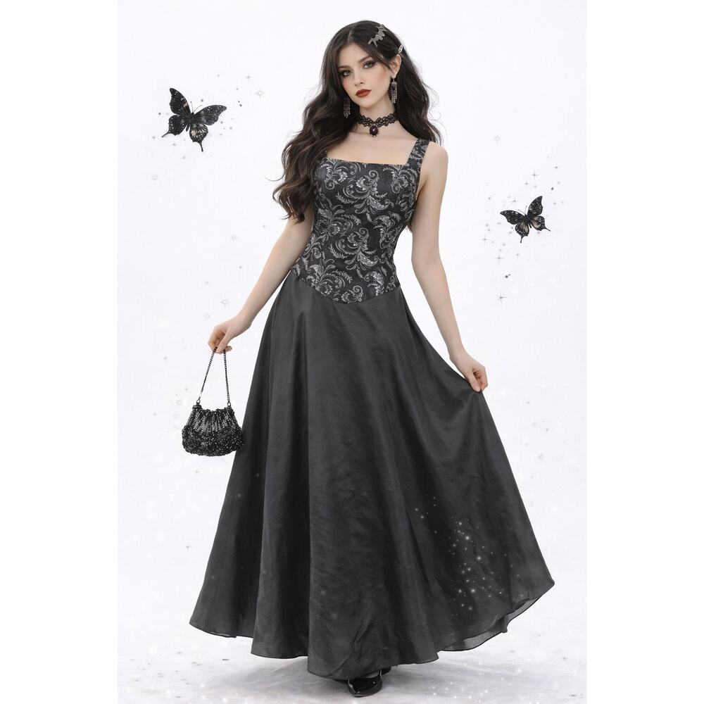 Vintage Alfred Angelo Womens Formal Dress Size M Black Silver Whimsygoth Prom